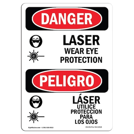 Signmission OSHA Danger, Laser Wear Eye Protection Bilingual, 5in X 3.5in Decal, 3.5" W, 5" H, Bilingual Spanish OS-DS-D-35-VS-1418